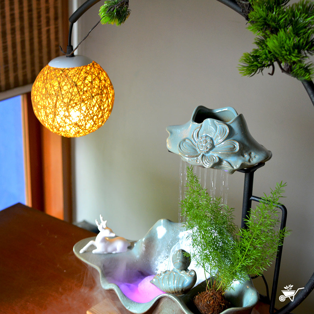 Moonlit Serenity Water Fountain LED Decor Zen Garden – side angle highlighting LED glow and mist