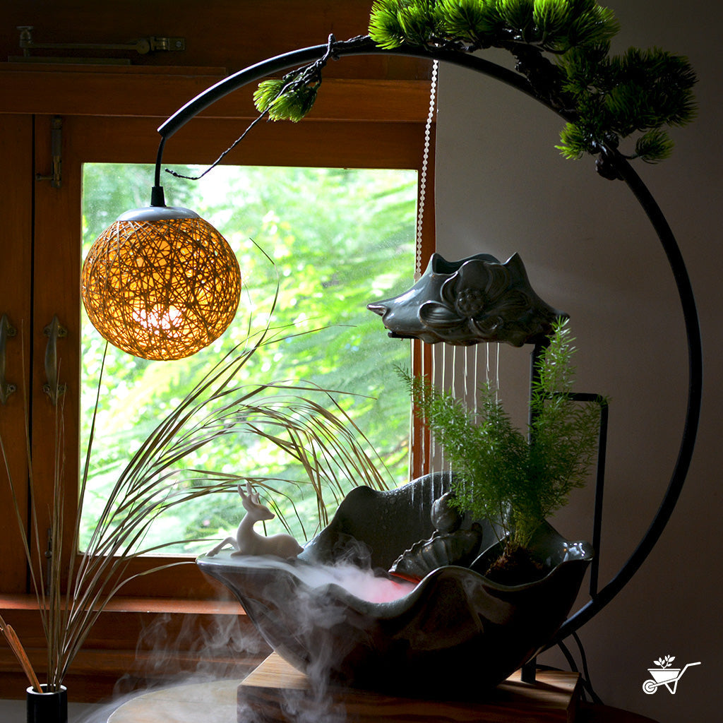 Moonlit Serenity Water Fountain LED Decor Zen Garden – front view of moon and flowing water