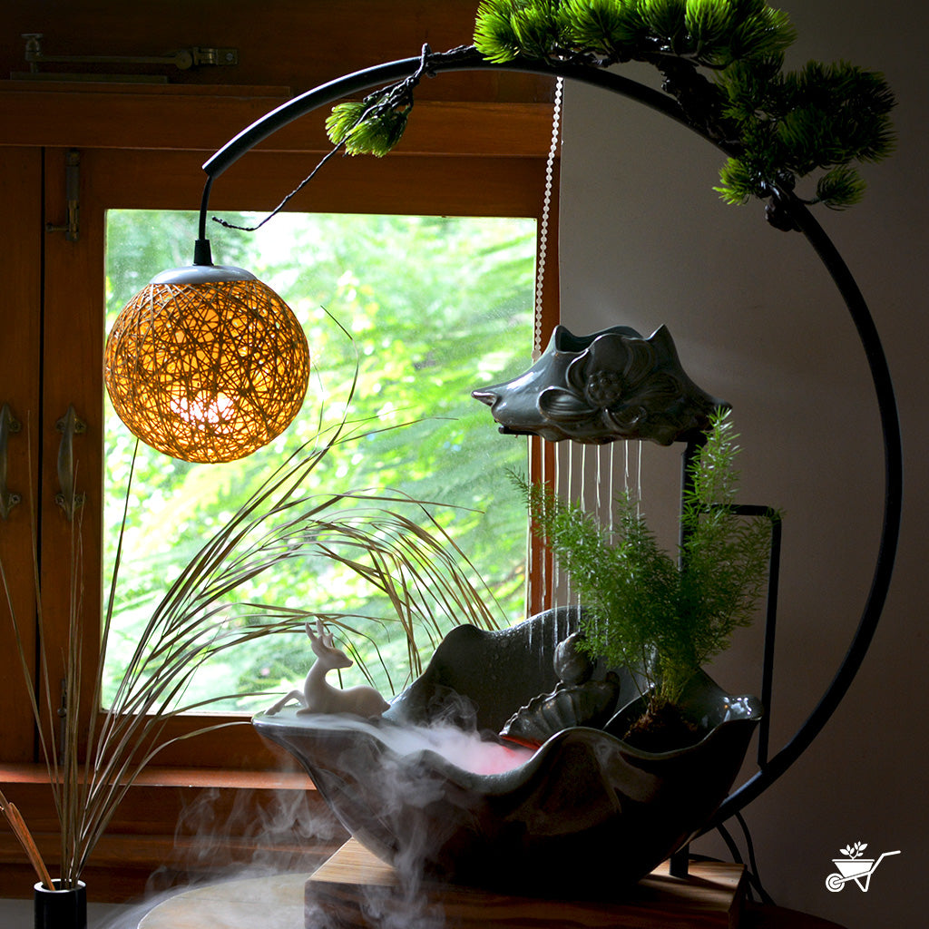 Moonlit Serenity Water Fountain LED Decor Zen Garden – front view of moon and flowing water