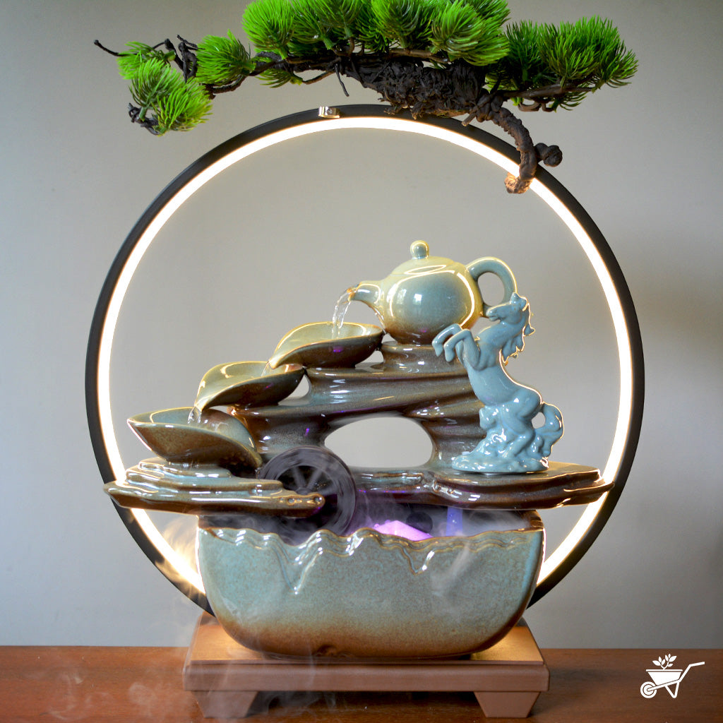 Mystic Stallion Water Fountain LED Decor Zen Garden – horse figure beside LED water stream – LED tabletop Zen fountain decor for calming ambience by myBageecha