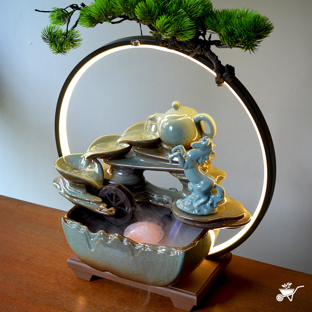 Mystic Stallion Water Fountain LED Decor Zen Garden – side angle highlighting LED light and mist