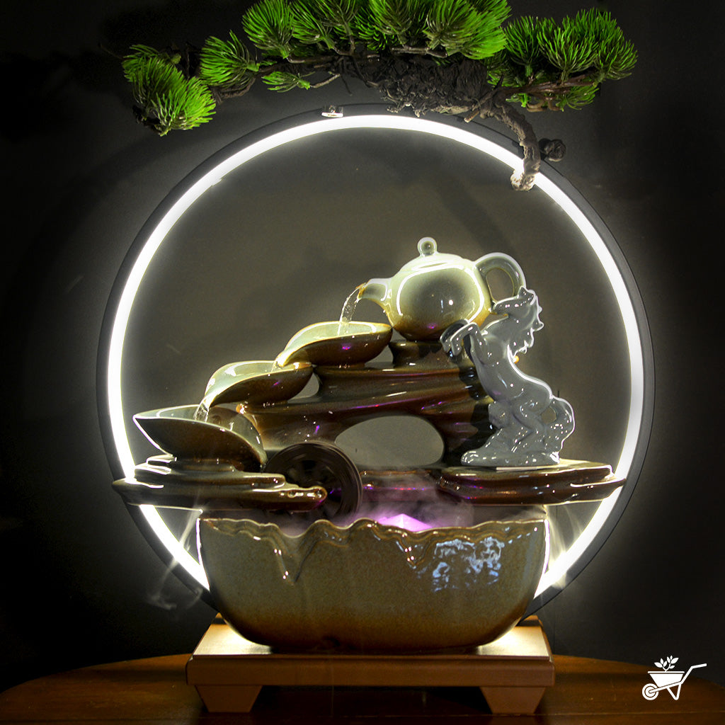 Mystic Stallion Water Fountain LED Decor Zen Garden – front view showing horse and flowing water myBageecha