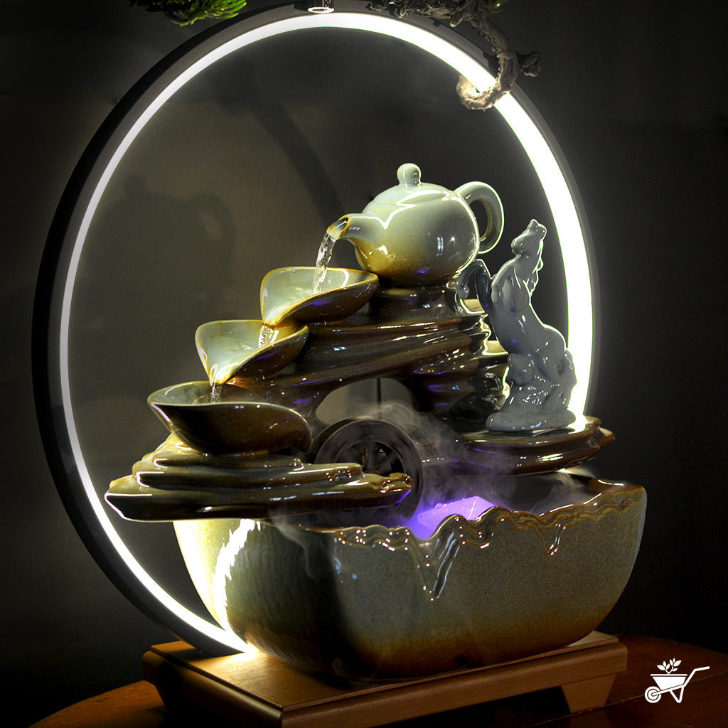 Mystic Stallion Water Fountain LED Decor Zen Garden – angled view showing water and glow - myBageecha