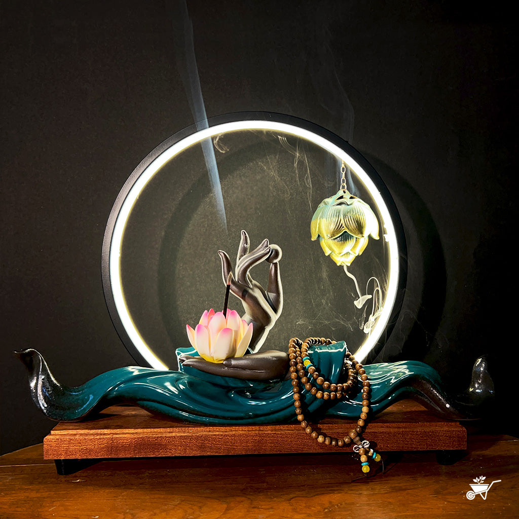 Mystical Mudra LED Decor Incense Burner Zen Garden – Buddha hand mudra with LED smoke – LED Buddha incense decor for relaxing ambience by myBageecha
