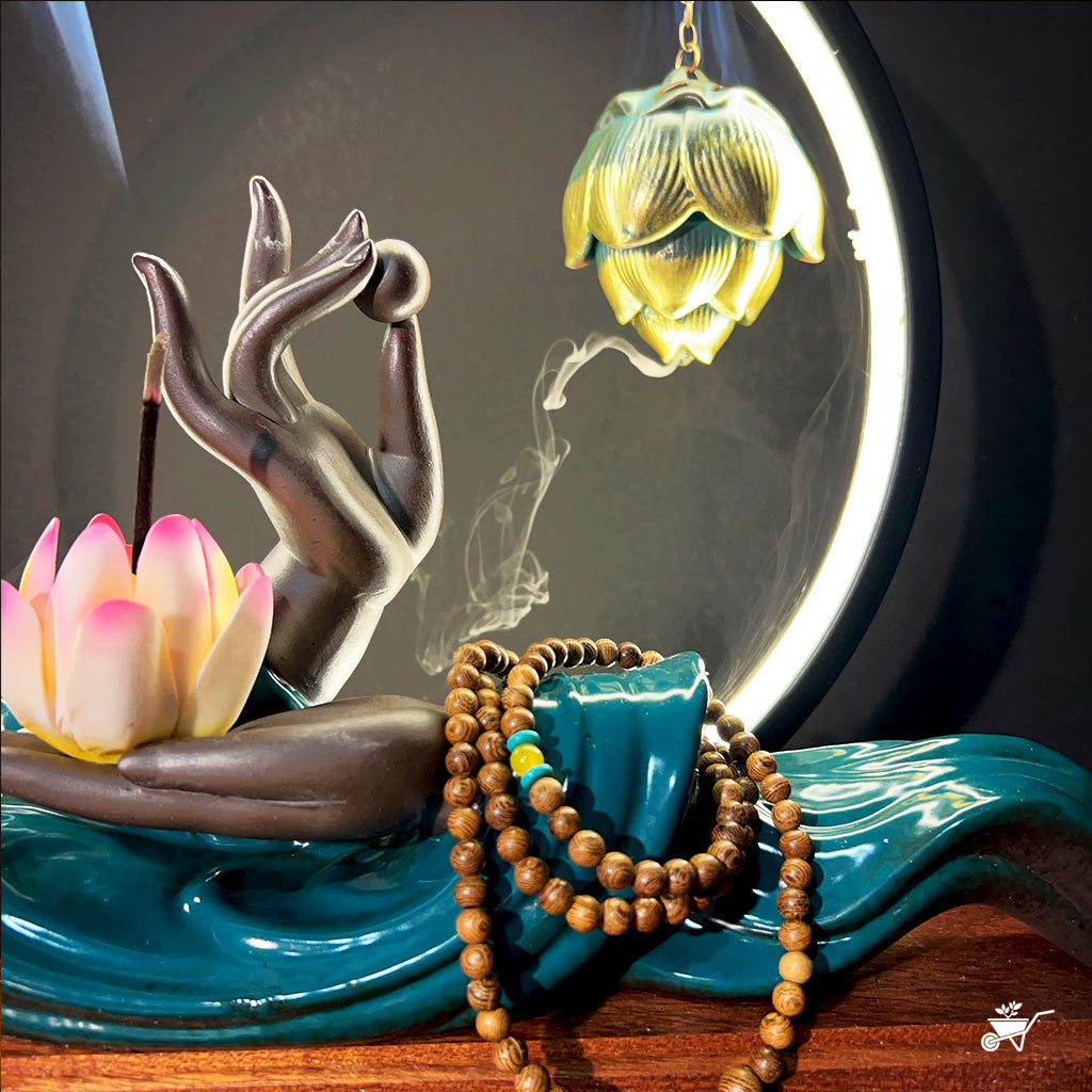 Mystical Mudra LED Decor Incense Burner Zen Garden – front view of Buddha hand and smoke flow