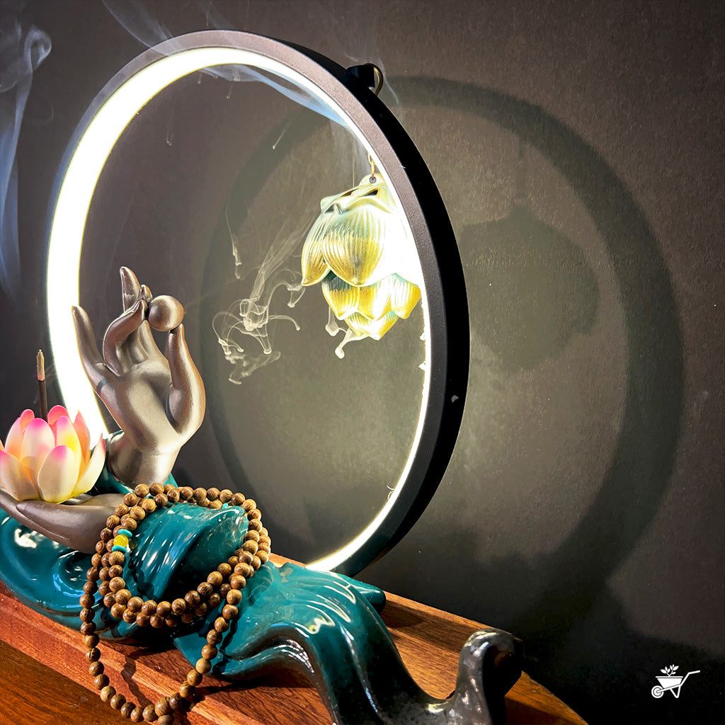 Mystical Mudra LED Decor Incense Burner Zen Garden – side angle highlighting LED glow and incense