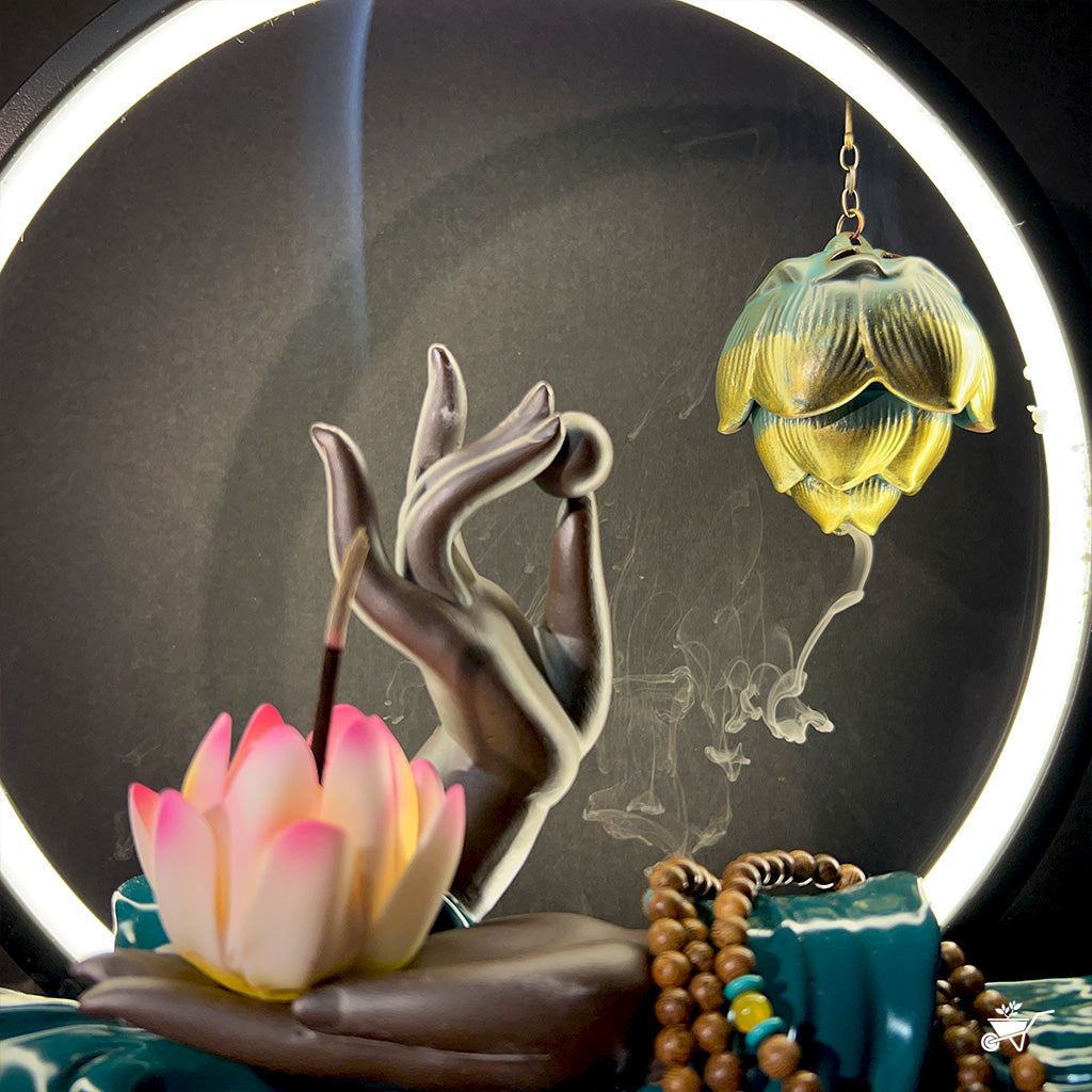 Mystical Mudra LED Decor Incense Burner Zen Garden – tabletop Zen incense decor with Buddha hand