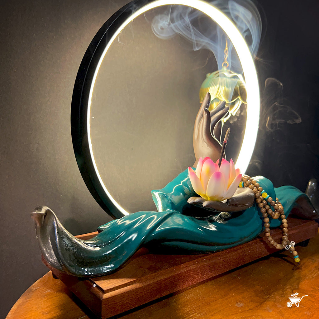 Mystical Mudra LED Decor Incense Burner Zen Garden – angled shot showing incense trail