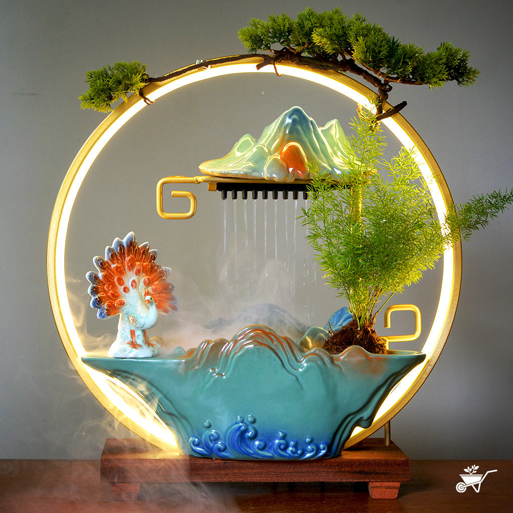 Peacock’s Rain Dance Water Fountain LED Decor Zen Garden – peacock figurine with LED water flow – LED tabletop Zen fountain decor for calming ambience by myBageecha