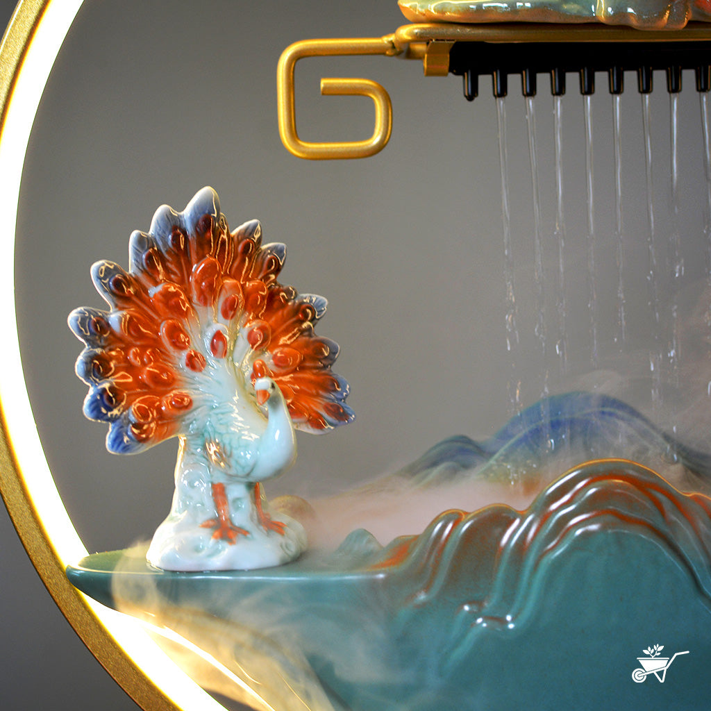 Peacock’s Rain Dance Water Fountain LED Decor Zen Garden – close-up of peacock figure and LED light