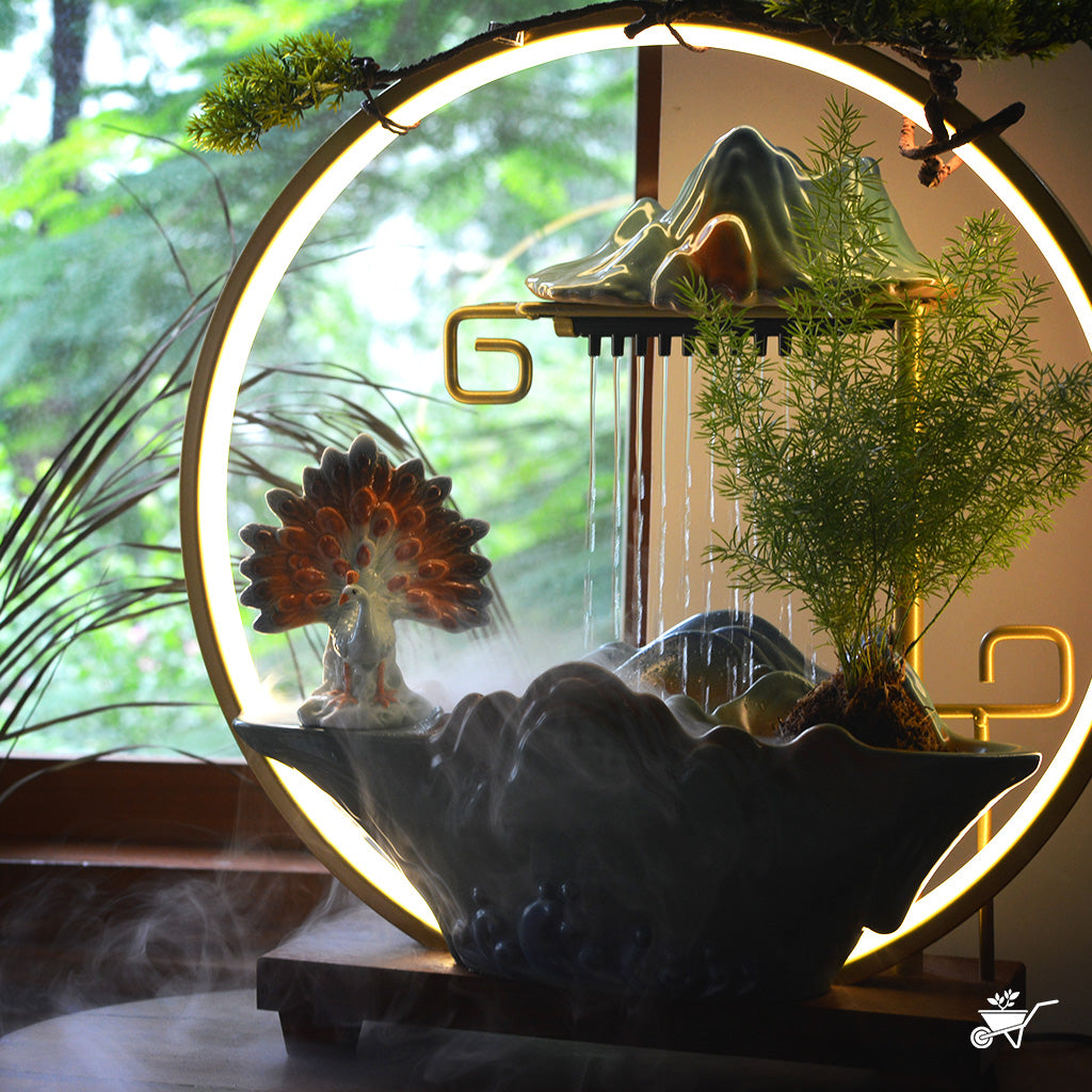 Peacock’s Rain Dance Water Fountain LED Decor Zen Garden – front view showing peacock and cascading water