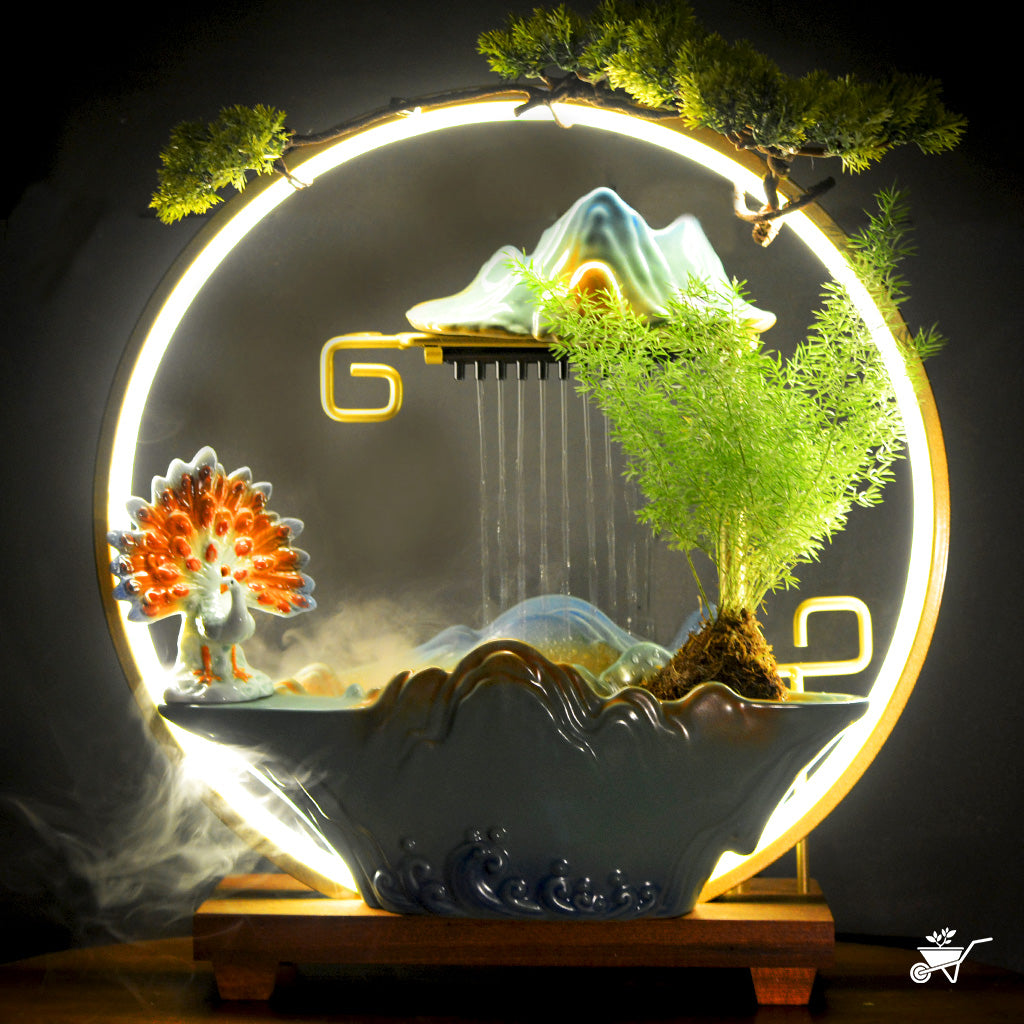 Peacock’s Rain Dance Water Fountain LED Decor Zen Garden – tabletop fountain decor with flowing water