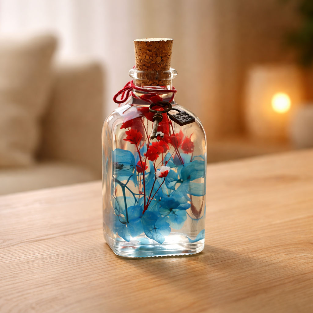 Close-up of Prismatic Hues Preserved Flower Tabletop by myBageecha – blue and red preserved blooms in square bottle.