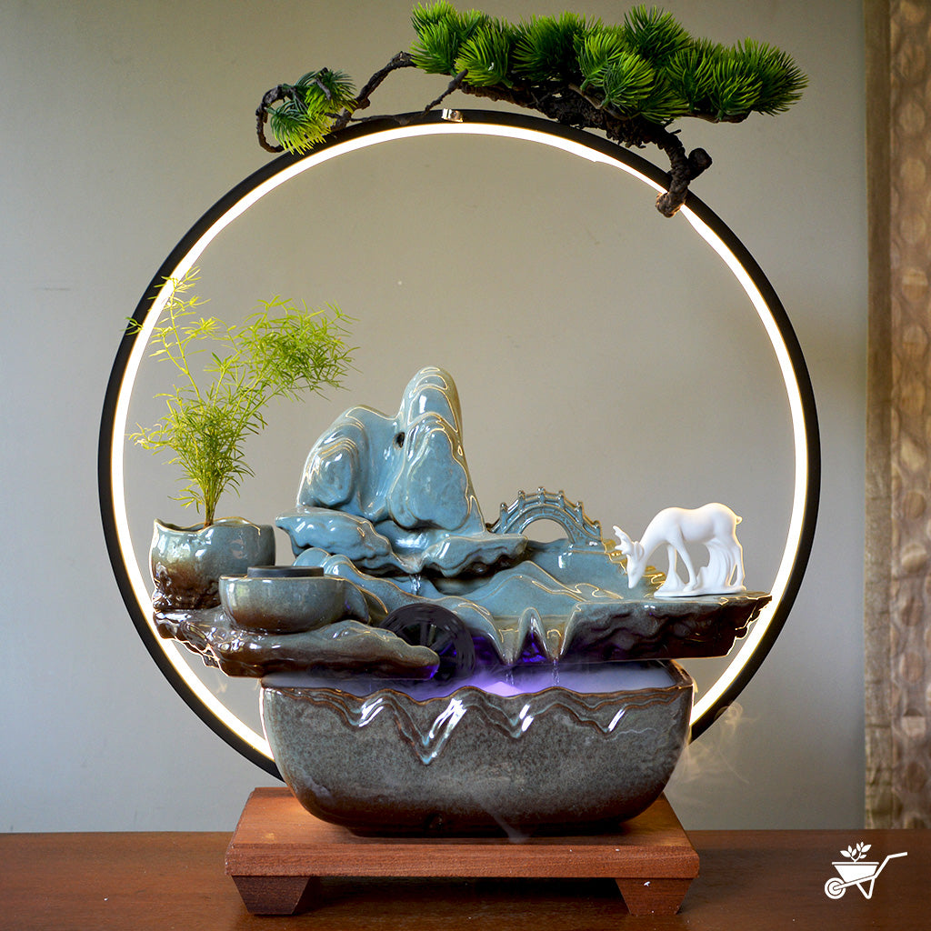 Sacred Grove Water Fountain LED Decor Zen Garden – nature-inspired LED waterfall scene – LED tabletop Zen fountain decor for calming ambience by myBageecha