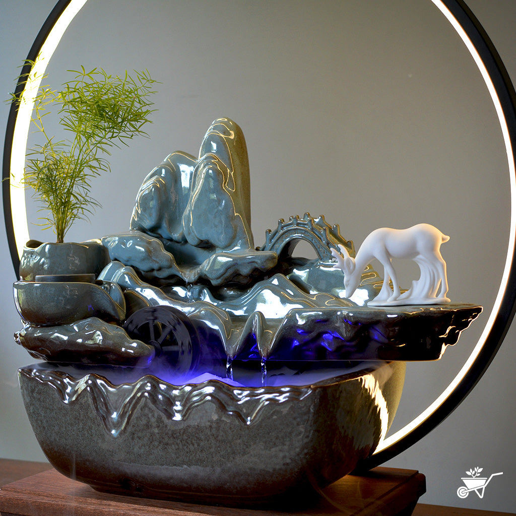 Sacred Grove Water Fountain LED Decor Zen Garden – close-up of fountain base and flowing water