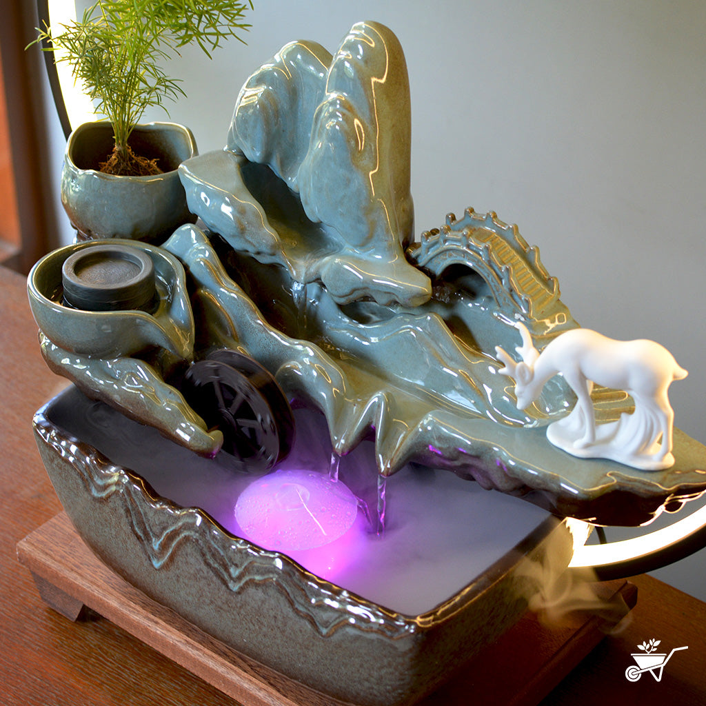 Sacred Grove Water Fountain LED Decor Zen Garden – side angle highlighting LED glow and cascade