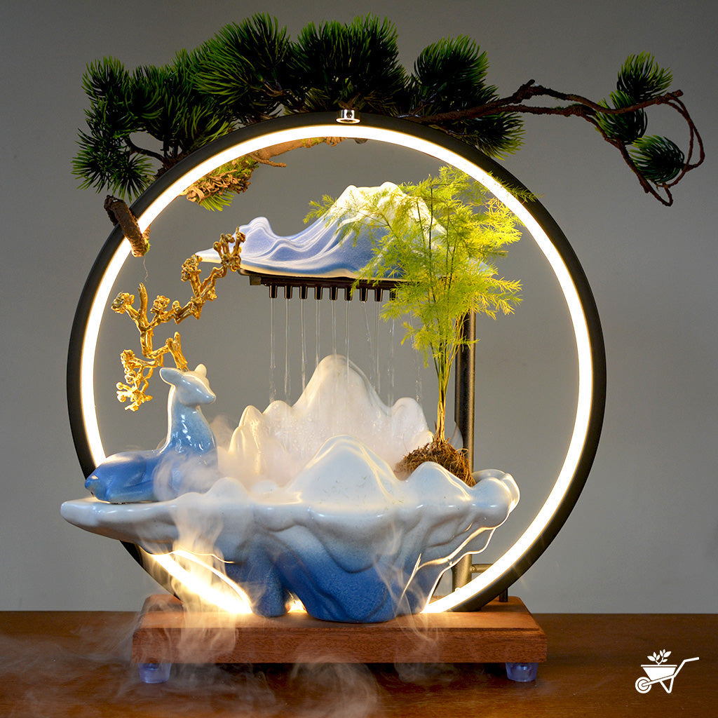 Sapphire Bliss Water Fountain LED Decor Zen Garden – blue-themed LED waterfall scene – LED tabletop Zen fountain decor for calming ambience by myBageecha