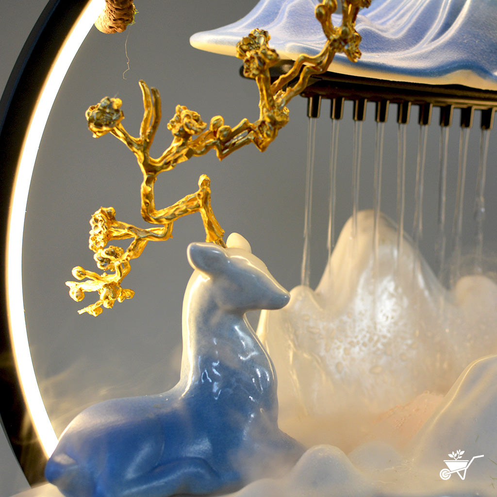 Sapphire Bliss Water Fountain LED Decor Zen Garden – front view of cascading water and LED glow