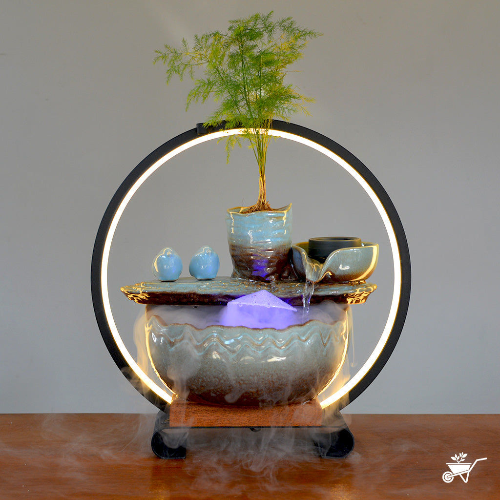 Serene Birdsong Water Fountain LED Decor Zen Garden – bird figurines on LED water stream – LED tabletop Zen fountain decor for calming ambience by myBageecha