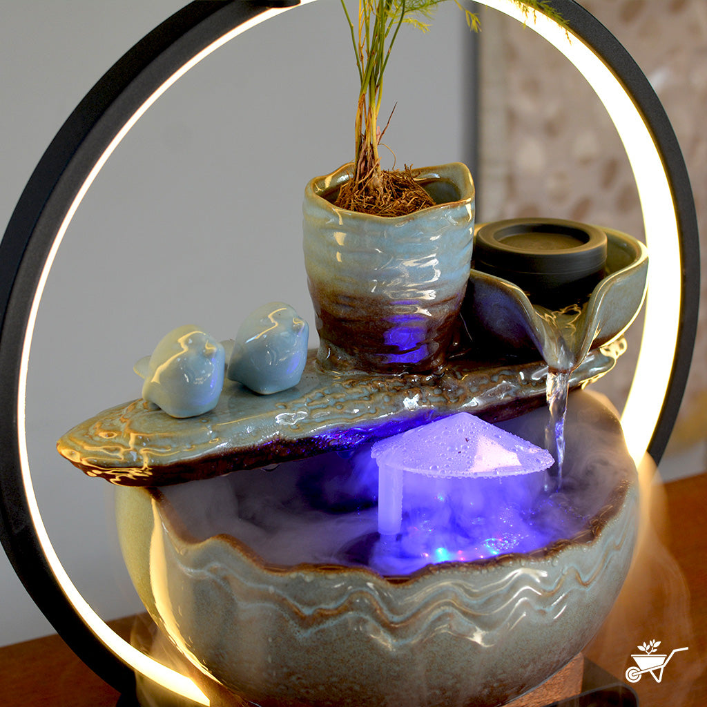 Serene Birdsong Water Fountain LED Decor Zen Garden – close-up of birds beside water and LED light