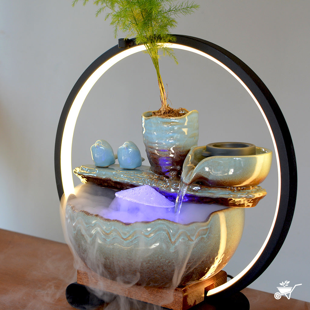 Serene Birdsong Water Fountain LED Decor Zen Garden – front view showing birds and water cascade