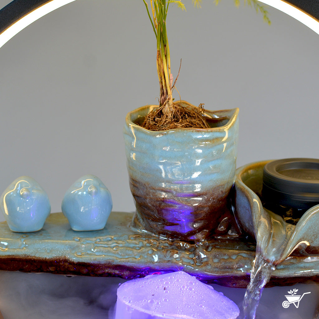 Serene Birdsong Water Fountain LED Decor Zen Garden – front view showing birds and water cascade