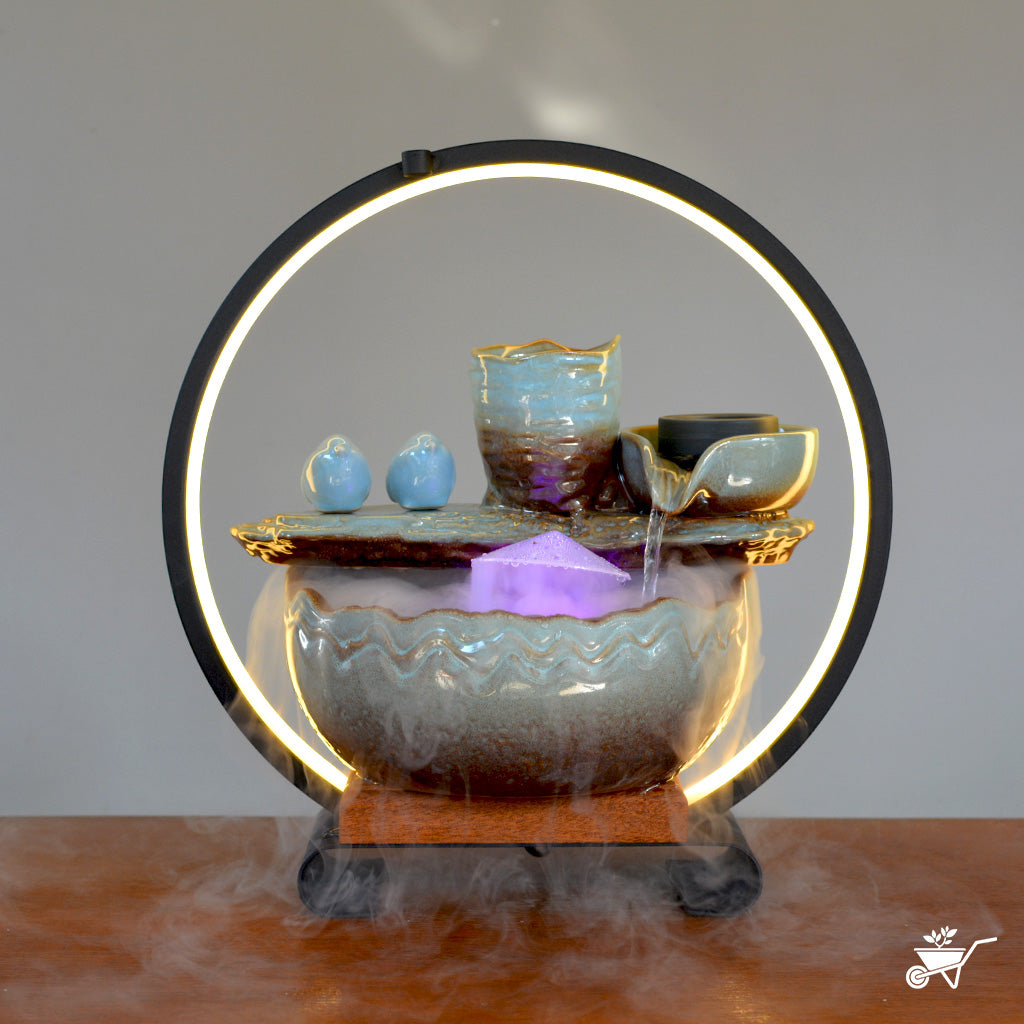 Serene Birdsong Water Fountain LED Decor Zen Garden – front view showing birds and water cascade