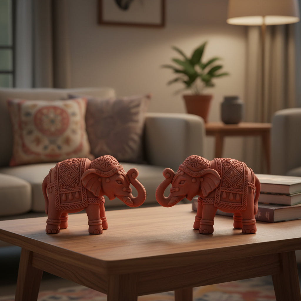 Set of 2 Mini Terracotta Elephant Decor facing each other-myBageecha