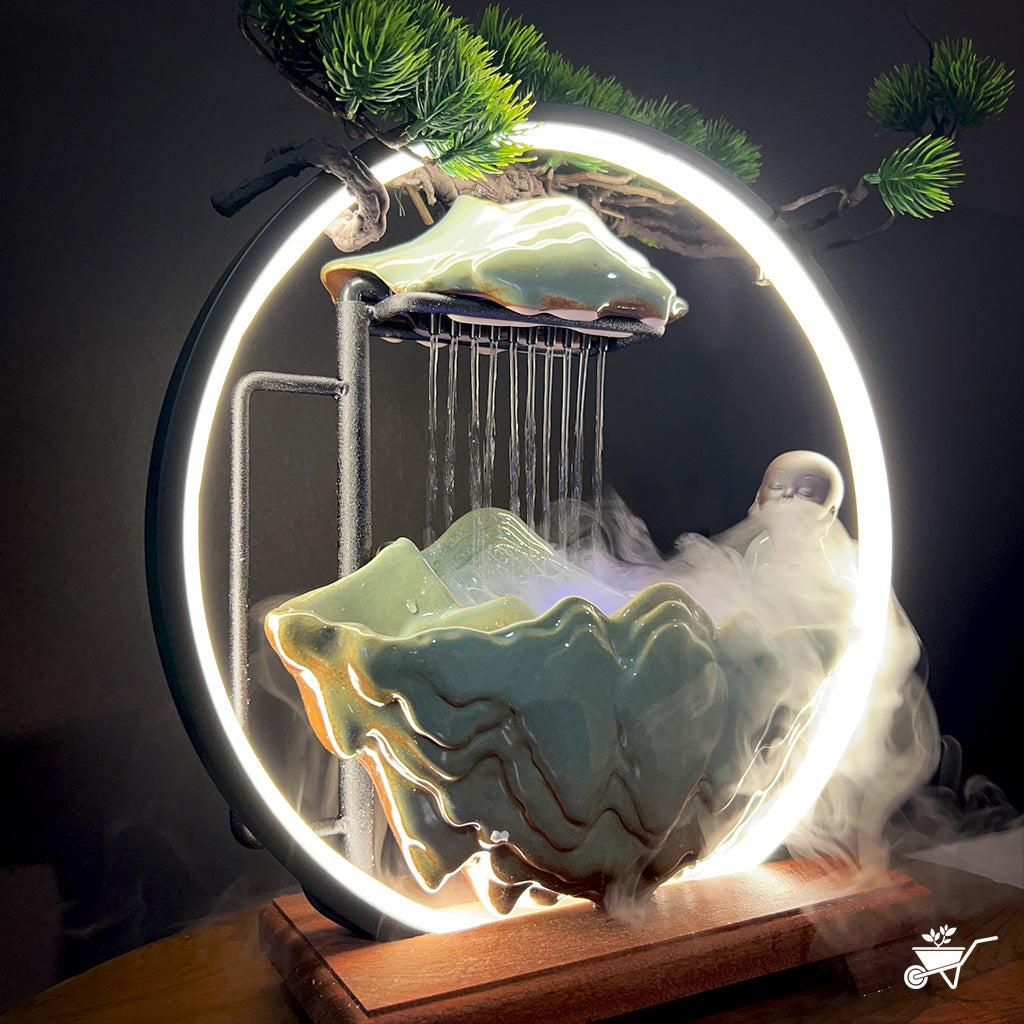 Sitting Monk Water Fountain LED Decor Zen Garden – side angle showing LED glow and water path