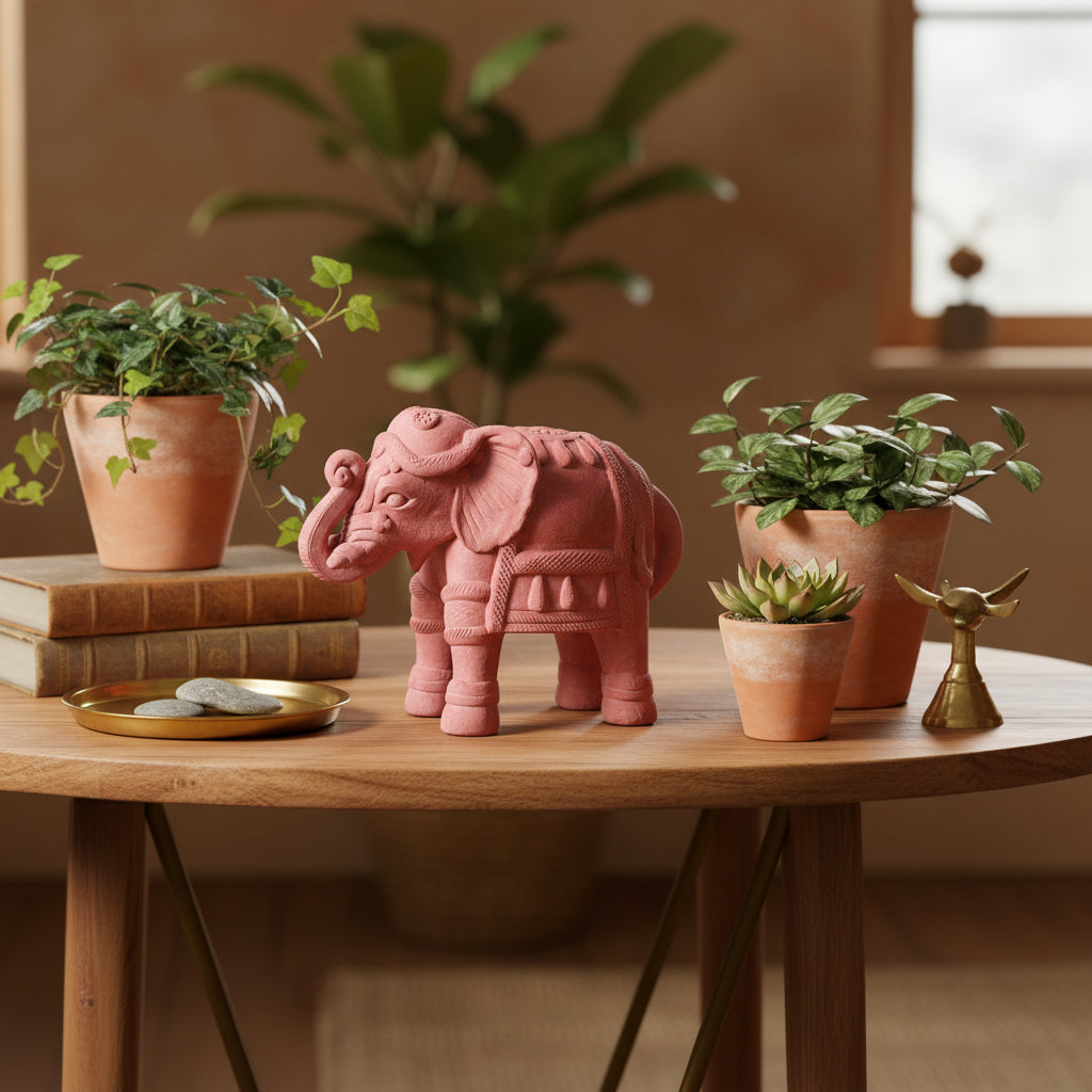 Small Terracotta Elephant Decor on living room table with plants-myBageecha