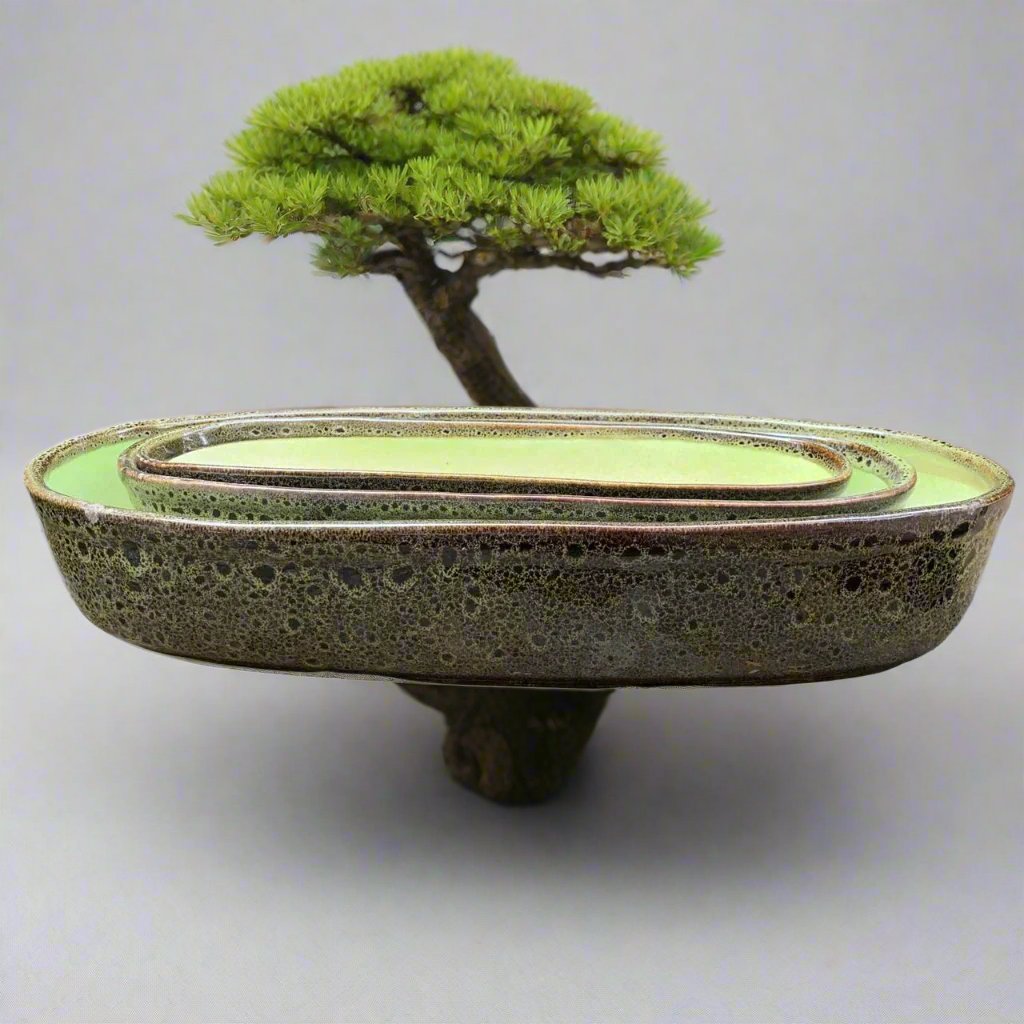 Set of 3 Chiselled Bonsai Tray – Speckled Olive Green – myBageecha