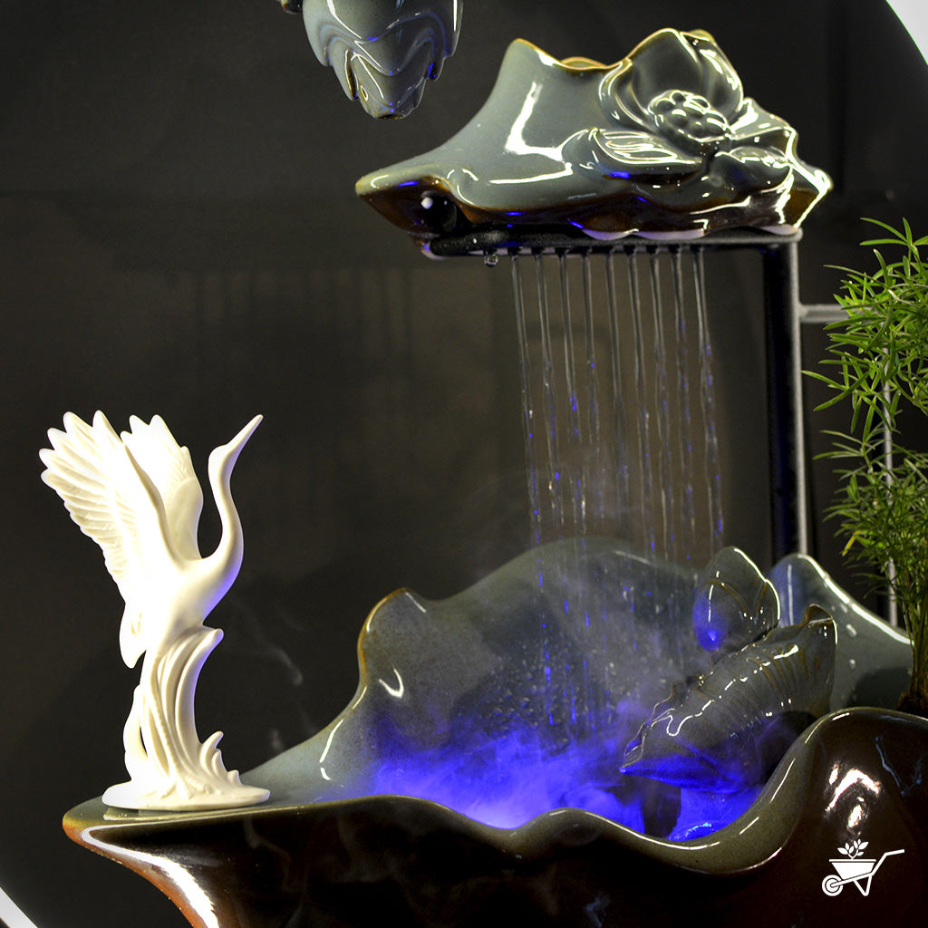 Swan Lowland Water Fountain LED Decor Zen Garden – front view of swans and water stream