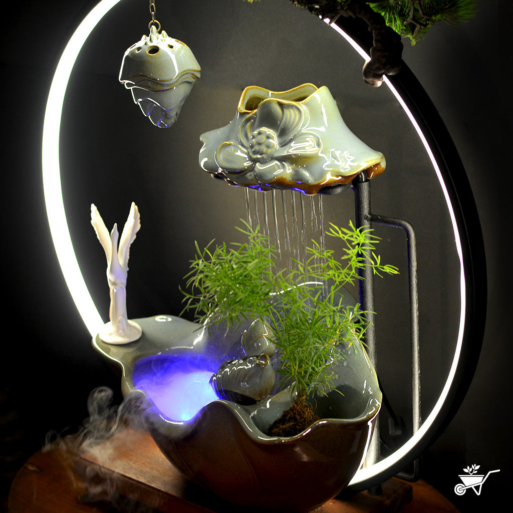 Swan Lowland Water Fountain LED Decor Zen Garden – side angle highlighting LED glow and cascade