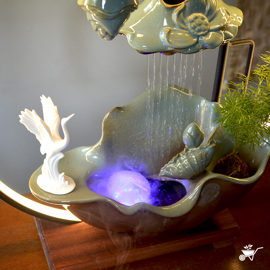 Swan Lowland Water Fountain LED Decor Zen Garden – close-up of swan figures near LED light