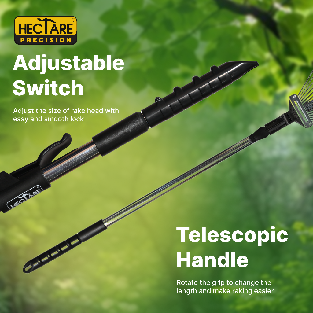 Showing Hectare 15‑Tine Stainless Steel Telescopic Metal Rake adjustable handle & switch