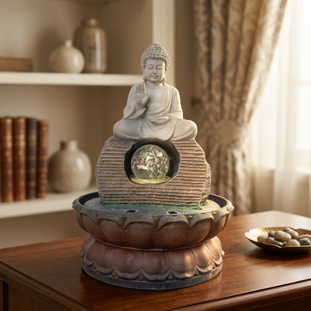 The Meditative Buddha water fountain placed on drawing room tabletop
