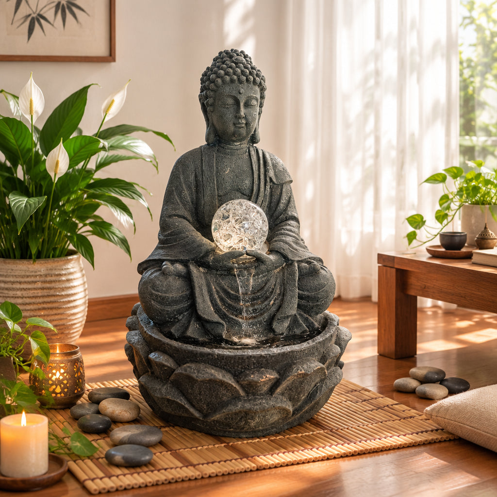 The Pensive Buddha Water Fountain displayed in meditation room