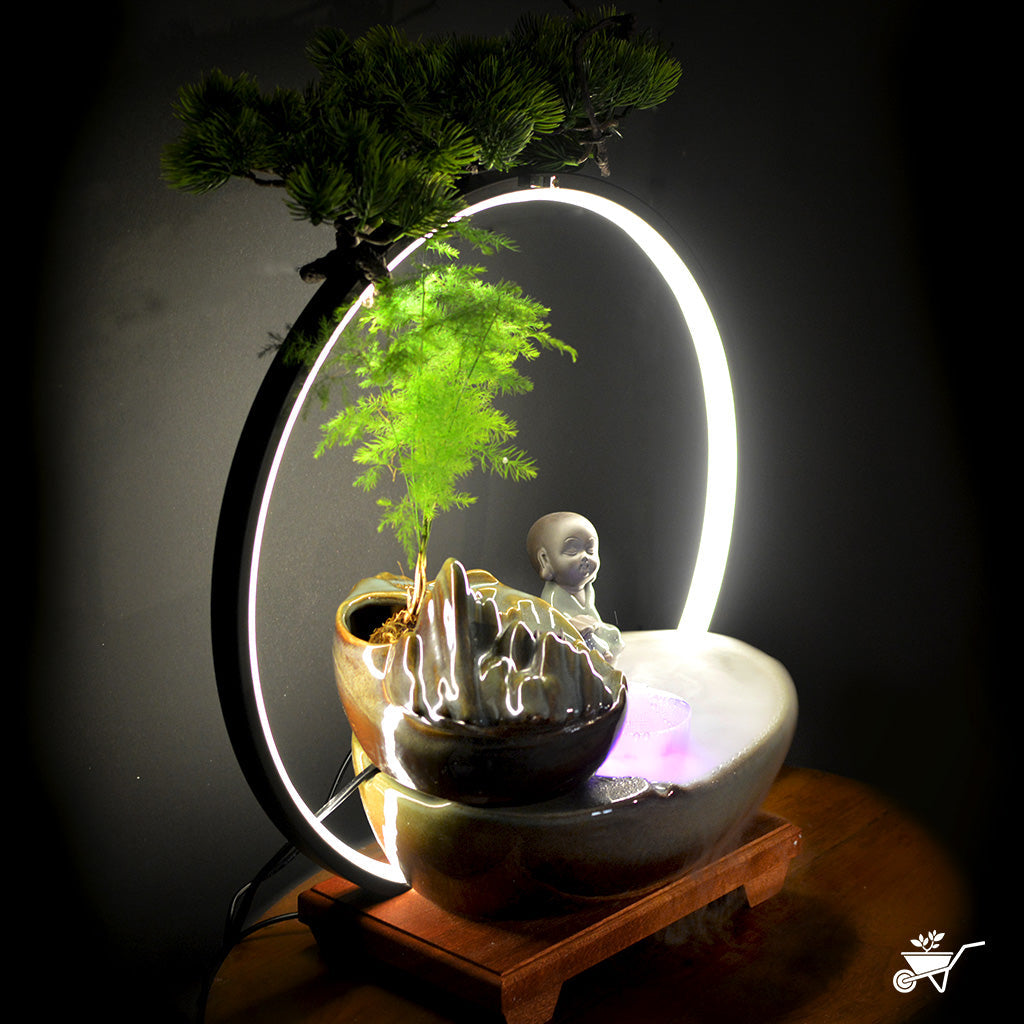 Thoughtful Monk Water Fountain LED Decor Zen Garden – close-up of monk figure and water stream
