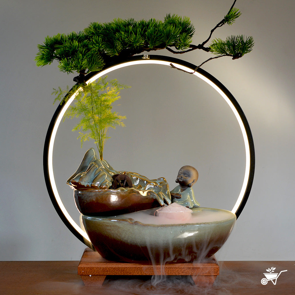 Thoughtful Monk Water Fountain LED Decor Zen Garden – front view of monk with flowing water