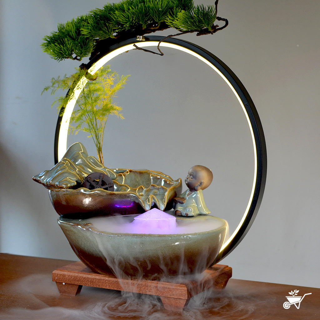 Thoughtful Monk Water Fountain LED Decor Zen Garden – angled shot showing LED and water detail