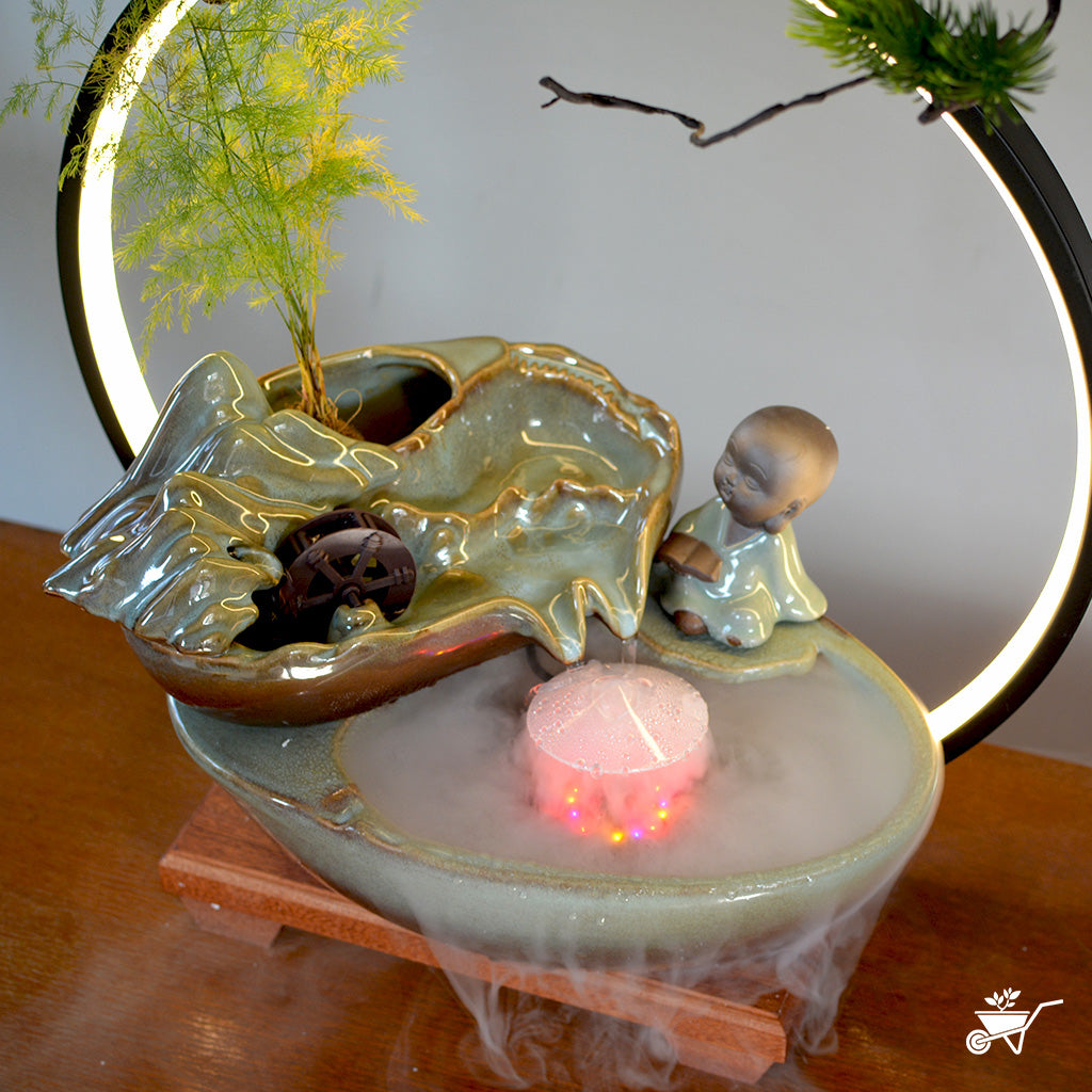Thoughtful Monk Water Fountain LED Decor Zen Garden – side angle showing LED illumination