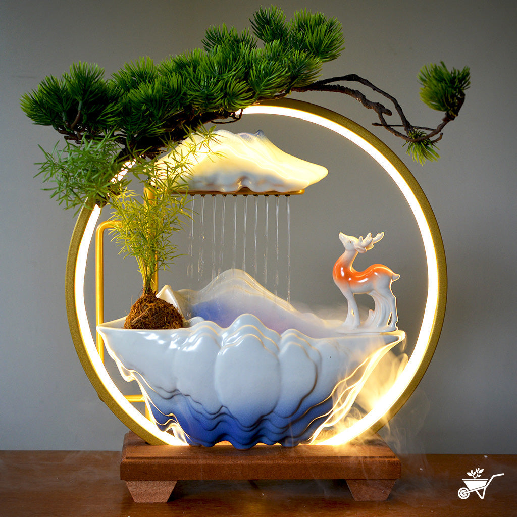 Tranquil Stag Water Fountain LED Decor Zen Garden – stag figurine near LED water stream – LED tabletop Zen fountain decor for calming ambience by myBageecha