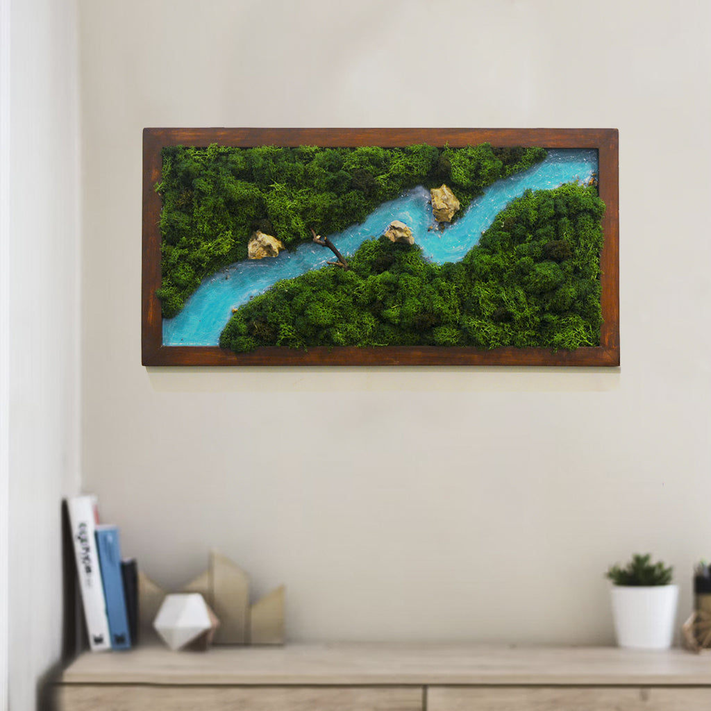 Traverse The Wild Preserved Moss Frame with Dark Wood – styled indoor setup showing eco-friendly design.