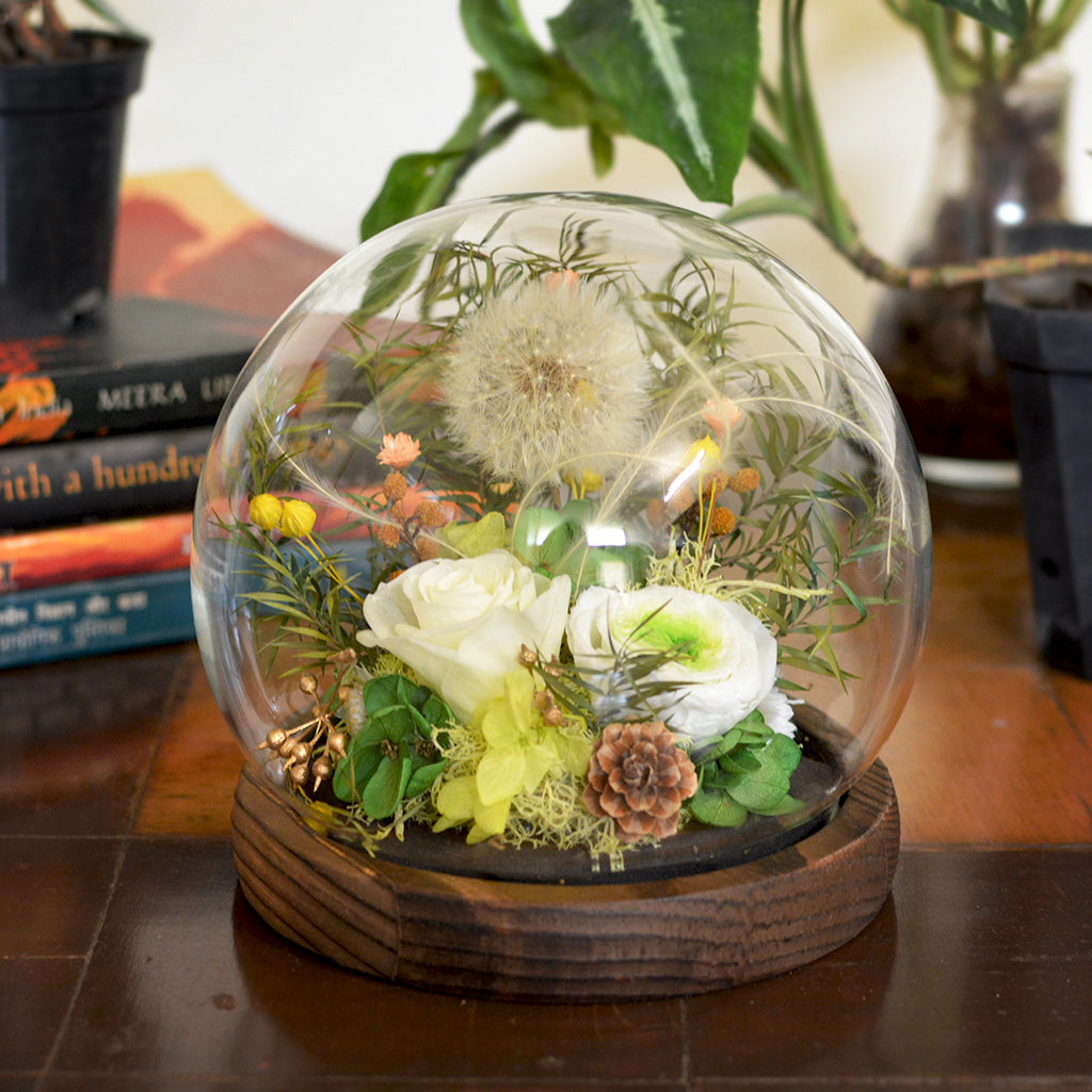 Wildflower Meadows Preserved Flower Tabletop placed on table – natural floral charm.