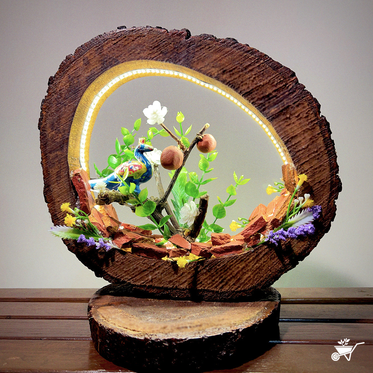 A Peacock’s Call LED Decor with Stand Zen Garden – peacock figurine with LED lighting and foliage – LED Zen decor for peaceful ambience by myBageecha