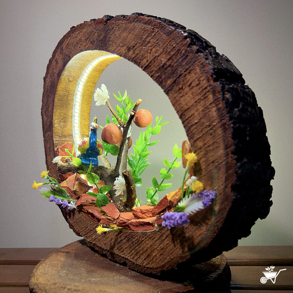 A Peacock’s Call LED Decor with Stand Zen Garden – side view showing lighting and forest theme