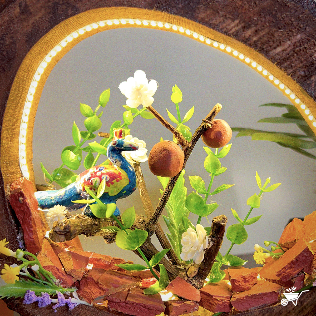 A Peacock’s Call LED Decor with Stand Zen Garden – front view of peacock on wood base with LED illumination