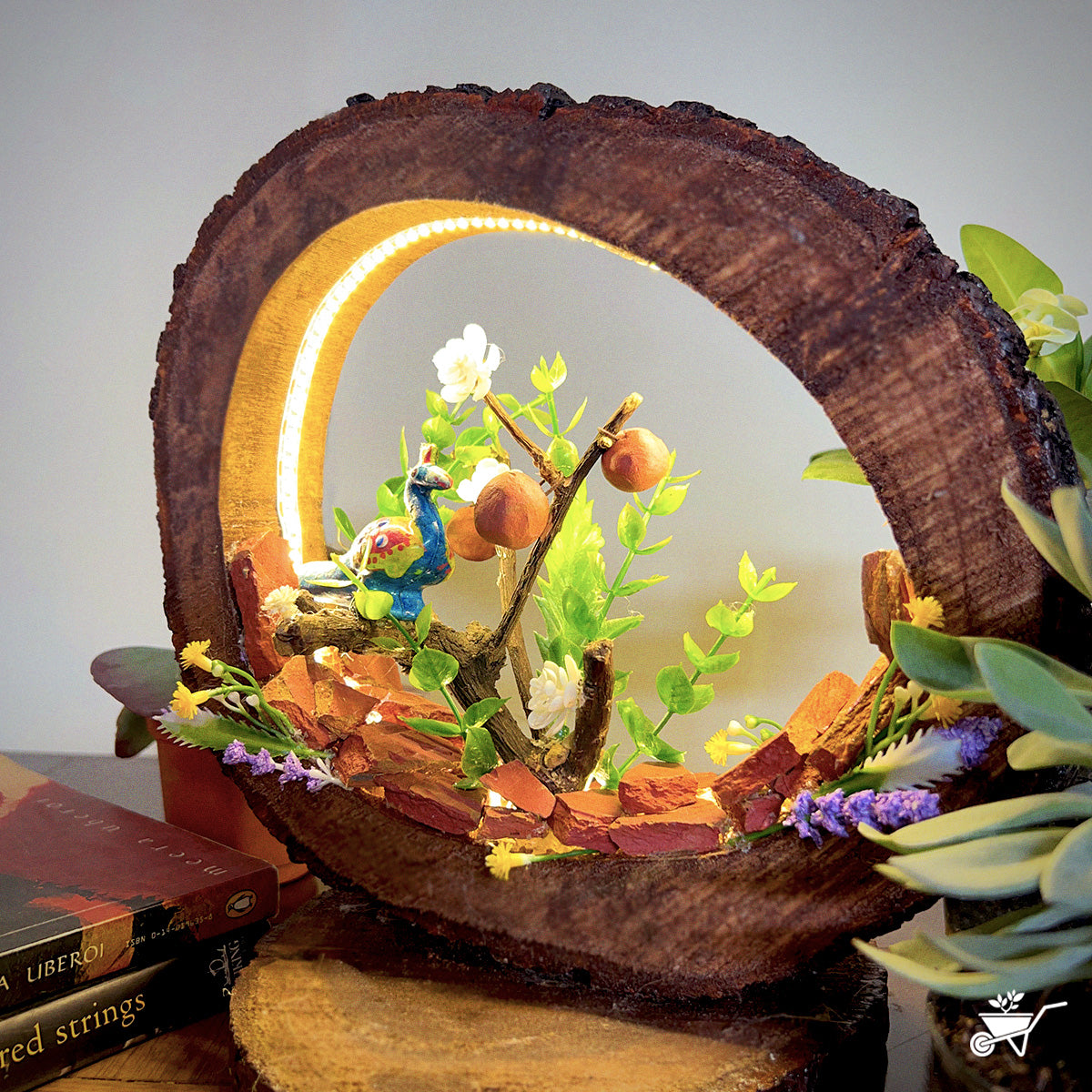 A Peacock’s Call LED Decor with Stand Zen Garden – close-up of colorful peacock feathers under LED light