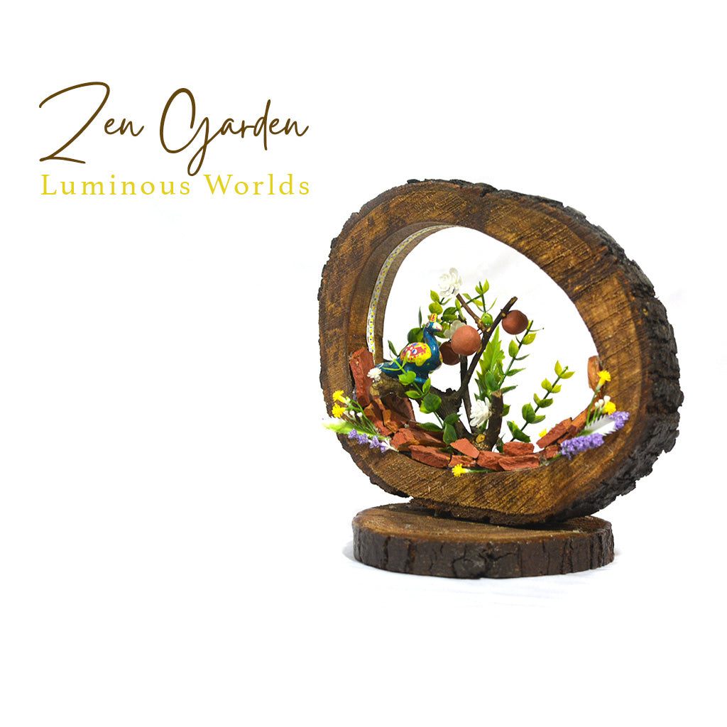 A Peacock’s Call LED Decor with Stand Zen Garden – angled shot highlighting natural base and LED tone