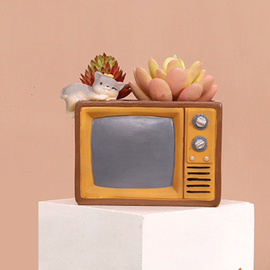 Cute Cat on Retro Tv Resin Succulent Pot-myBageecha